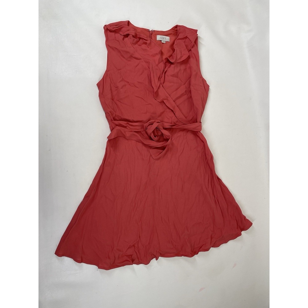 Loft Sleeveless Faux Wrap Ruffle Front Dress Size 2 Red